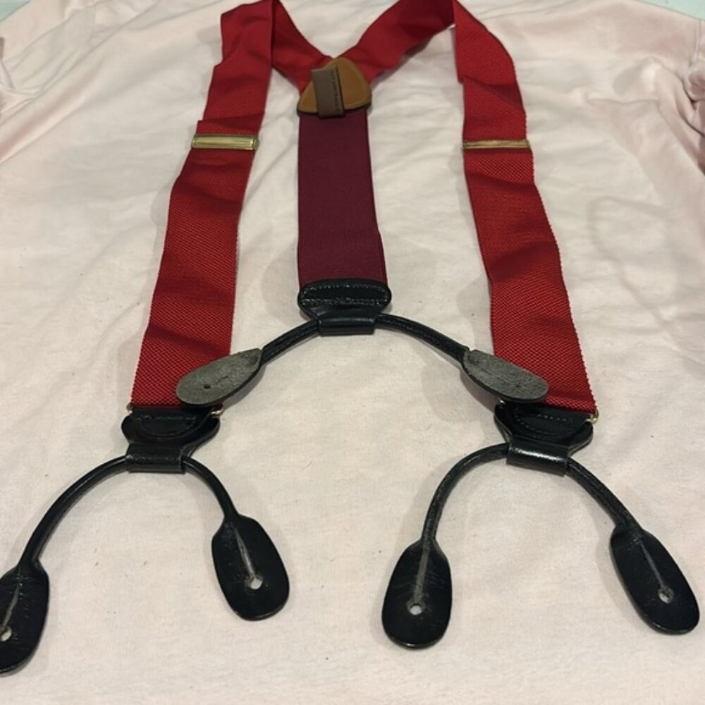 Trafalgar Classic Red Suspenders w Black Accents Red Leather Hooks Braces